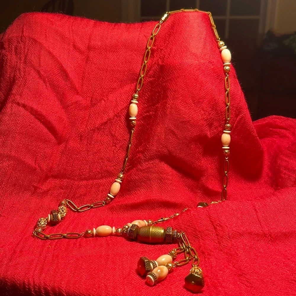 1928 Necklace Gold Tone with Filigree and Solid Beads